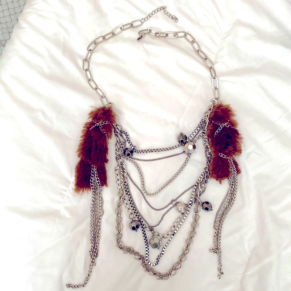 ❌SOLD❌Statement Layered Silver Chained Fur Necklace